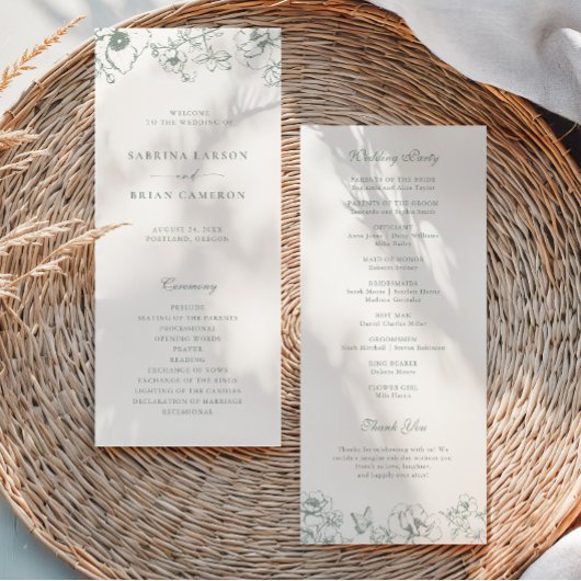 Elegantes, salbeigrünes, florales Hochzeitsprogram Programm