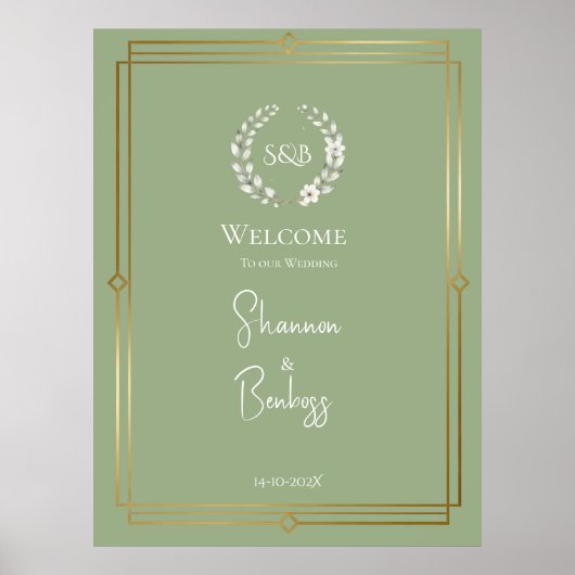 Elegantes Salbeigrünes Monogramm-Hochzeitswillkomm Poster (Vorne)