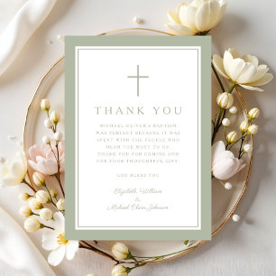 Elegantes Salbeigrünes religiöses Kreuz Taufe Dankeskarte