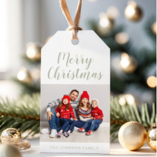 Elegantes Salbeigrünes Skript Foto Weihnachten Geschenkanhänger