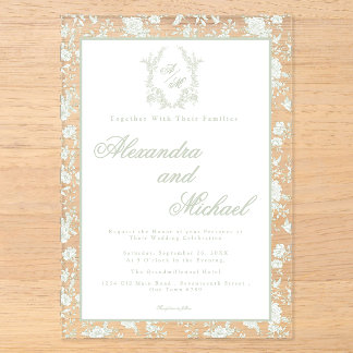 Elegantes, salbeigrünes Toile-Blumenmonogramm Acryleinladungen