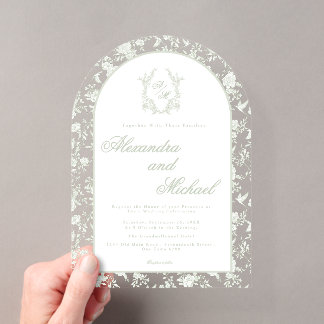 Elegantes, salbeigrünes Toile-Blumenmonogramm Acryleinladungen