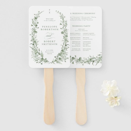 Elegantes Salbeigrünes Vintage-Blumen-Hochzeitspro Fächer (Vorne und Hinten)