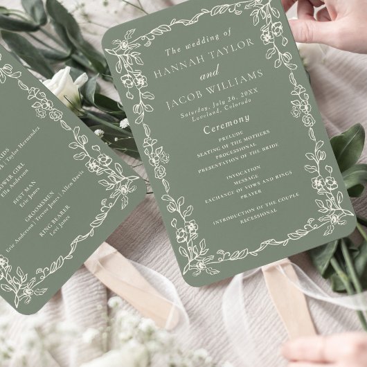 Elegantes Salbeigrünes Vintage-Hochzeitsprogramm Fächer