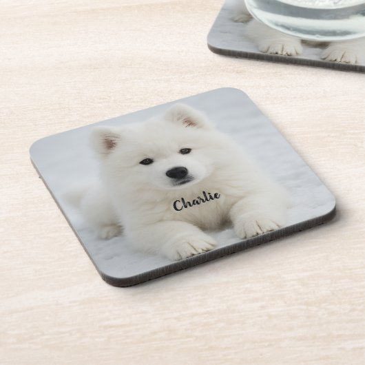 Elegantes Samoyed Personalisiert Beverage Coaster Getränkeuntersetzer (Linke Seite)