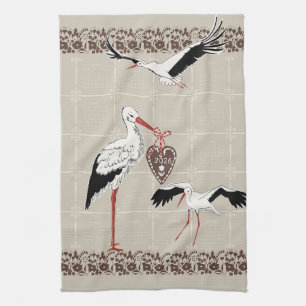 Elegantes Sand-Beige und Cocoa-Folk-Storch-Kalende Geschirrtuch