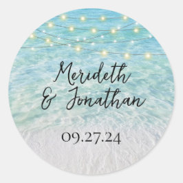 Elegantes Sandy Beach Sea Glass Lights Script Runder Aufkleber