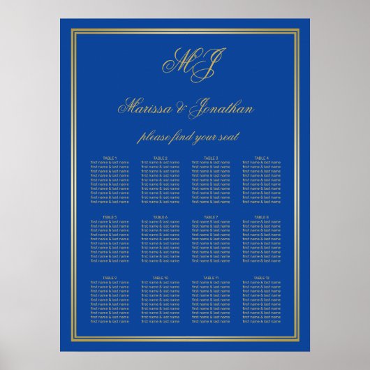 Elegantes Saphir Blue Gold Monogram Frame Seating Poster (Vorne)