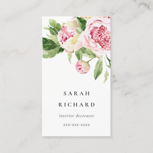 Elegantes sauberes rosa grünes Wasser, Peony Flora Visitenkarte (Vorderseite)