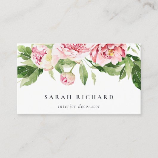 Elegantes sauberes rosa grünes Wasser, Peony Flora Visitenkarte (Vorderseite)