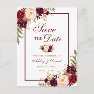 Elegantes Save-The-Date Burgunder Floral Gold Ankündigungspostkarte