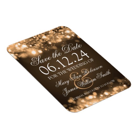 Elegantes Save the Date funkelndes Licht Gold Magnet (Rechte Seite)