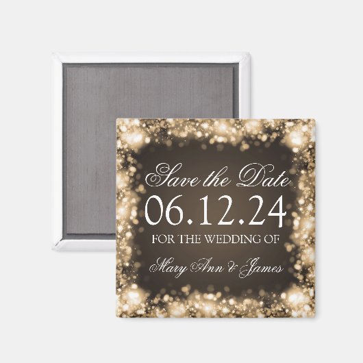 Elegantes Save the Date funkelndes Licht Gold Magnet (Vorderseite/Rückseite)
