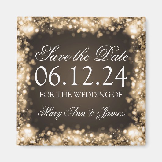 Elegantes Save the Date funkelndes Licht Gold Magnet (Vorne)