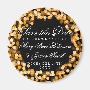 Elegantes Save the Date Goldfunkelnd Lichter Magnet