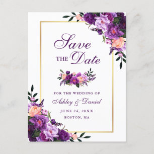 Elegantes, Save the Date Lila Violet Floral Gold Ankündigungspostkarte
