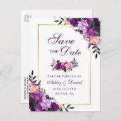 Elegantes, Save the Date Lila Violet Floral Gold Ankündigungspostkarte (Vorne/Hinten)