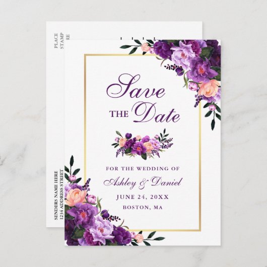 Elegantes, Save the Date Lila Violet Floral Gold Ankündigungspostkarte (Vorne/Hinten)