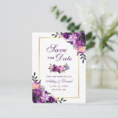 Elegantes, Save the Date Lila Violet Floral Gold Ankündigungspostkarte (Stehend Vorderseite)