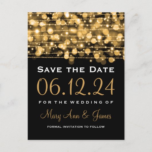 Elegantes Save the Date Party Glitzern Gold Ankündigungspostkarte (Vorderseite)