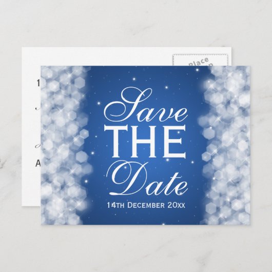 Elegantes Save the Date Party Sparkle Blue Ankündigungspostkarte (Vorne/Hinten)
