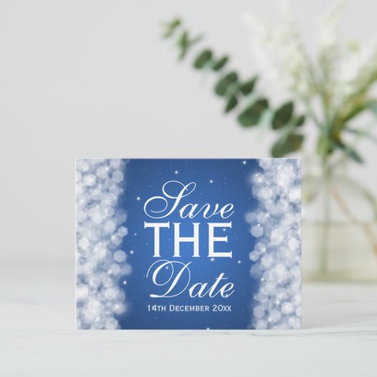 Elegantes Save the Date Party Sparkle Blue Ankündigungspostkarte (Stehend Vorderseite)
