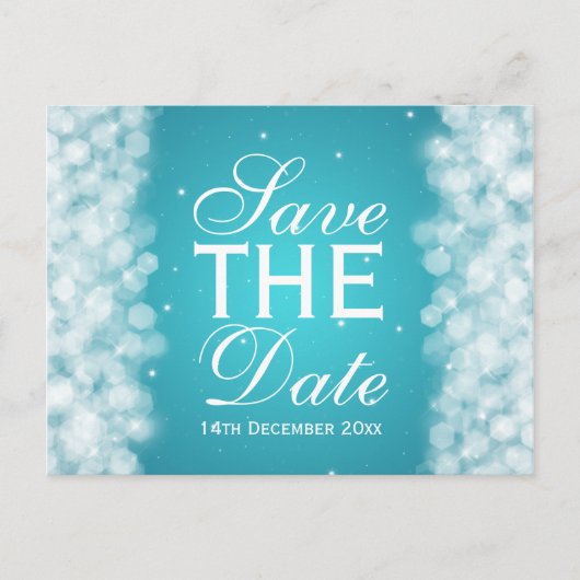 Elegantes Save the Date Party Sparkle Türkis Ankündigungspostkarte (Vorderseite)