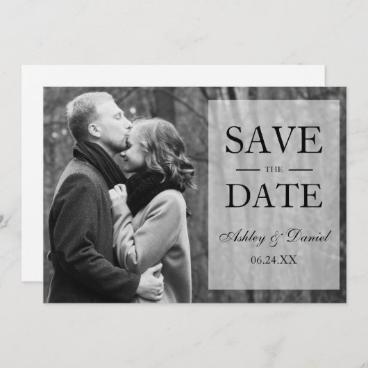 Elegantes Save the Date Schwarzweiß-Foto überlager (Vorne/Hinten)