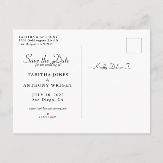 Elegantes Save the Date Skript mit Foto Ankündigungspostkarte (Rückseite)