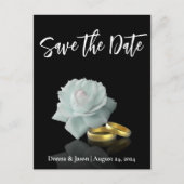 Elegantes Save the Date White Rose Gold Rings Scri Ankündigungspostkarte (Vorderseite)