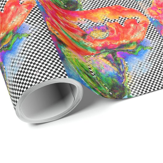 Elegantes Schachbrett mit rotem Mohnmohn Geschenkpapier (Rolleneckpunkt)