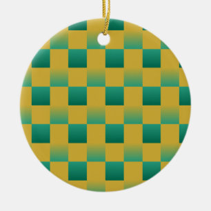 Elegantes Schachbrettmuster in Grün und Gold Keramik Ornament