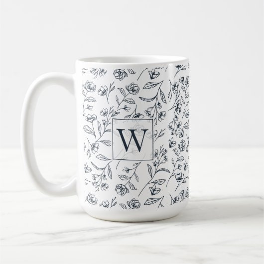 Elegantes schick blaues und weißes Foliage Monogra Kaffeetasse (Links)
