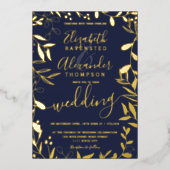 Elegantes schicke Hochzeitsgold mit blühendem Blau Folieneinladung (Vorderseite)