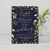 Elegantes schicke Hochzeitsgold mit blühendem Blau Folieneinladung (Stehend vorne)