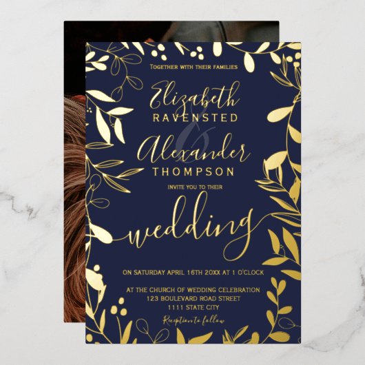 Elegantes schicke Hochzeitsgold mit blühendem Blau Folieneinladung (Vorderseite/Rückseite)