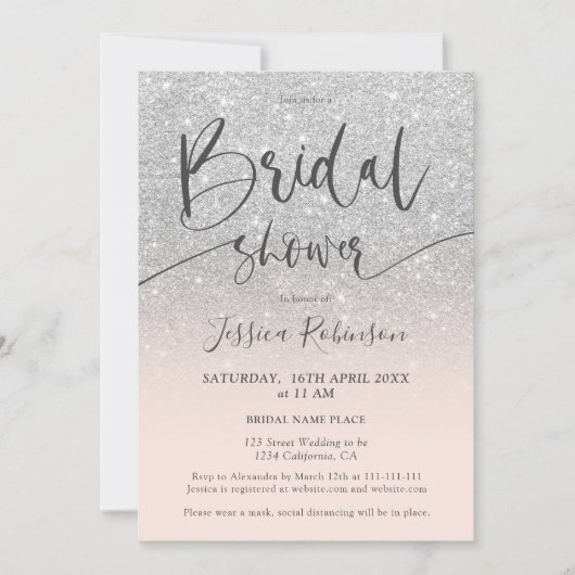 Elegantes, schicke Silber-Glitzer-Script-Brautpart Einladung (Vorderseite)