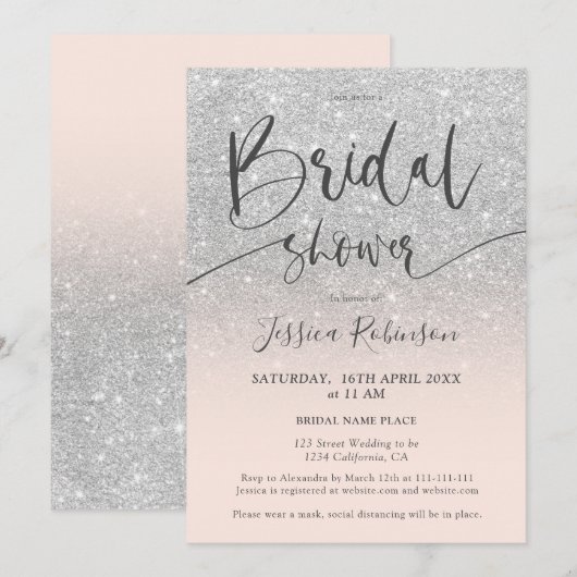 Elegantes, schicke Silber-Glitzer-Script-Brautpart Einladung (Vorne/Hinten)