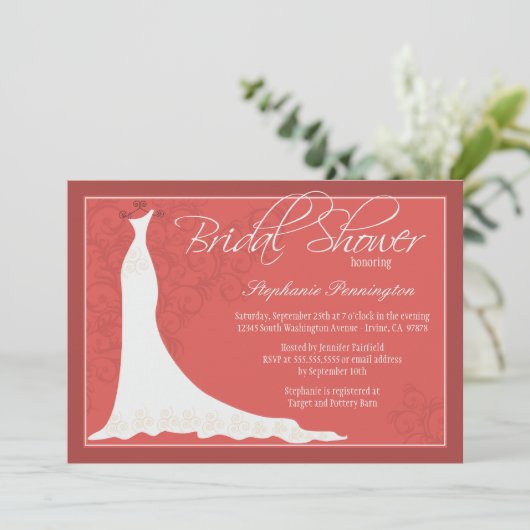 Elegantes schicker Hochzeitskleid Brautparty laden Einladung (Stehend Vorderseite)