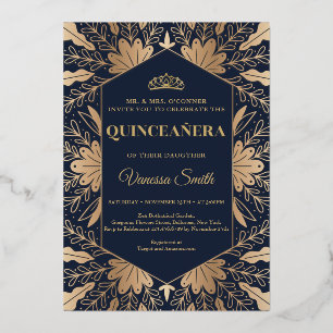 Elegantes, schickes Navy und echtes Goldfolie-Quin Folieneinladung