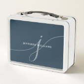 Elegantes Schlichtes Dusty Navy Blue Script Monogr Metall Brotdose (Rückseite)