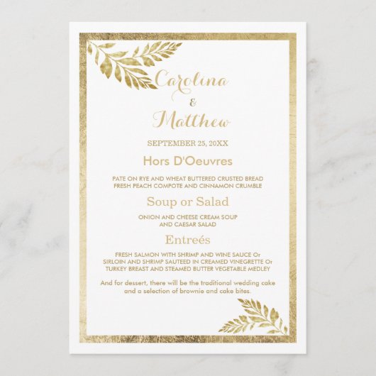 Elegantes, schlichtes, goldfarbenes Hochzeitsmenü Menükarte (Vorderseite)