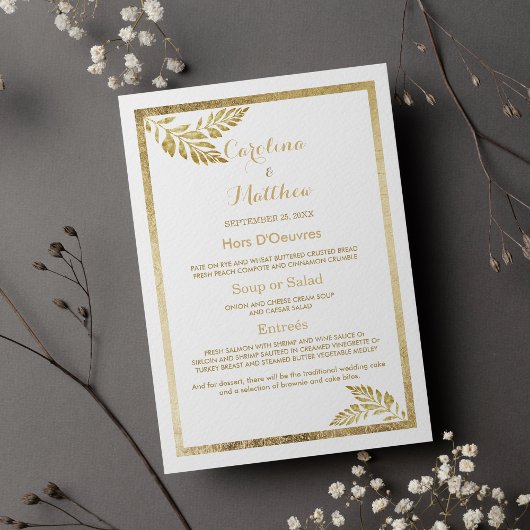 Elegantes, schlichtes, goldfarbenes Hochzeitsmenü Menükarte