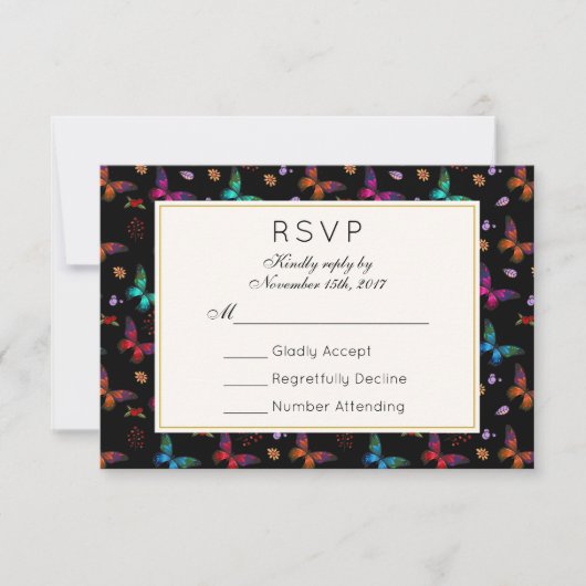 Elegantes Schmetterlingsmuster auf Black Wedding R RSVP Karte (Vorderseite)