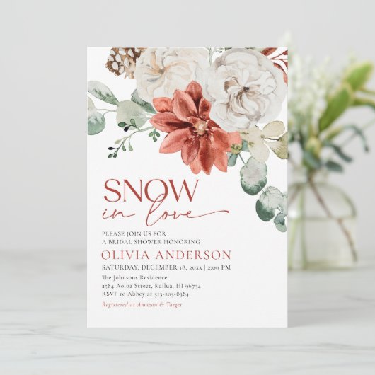 Elegantes Schnee in Liebe Winter Rotes Brautparty Einladung (Stehend Vorderseite)