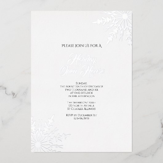 Elegantes Schneeflocken Winterurlaub Open House Folieneinladung (Vorderseite)