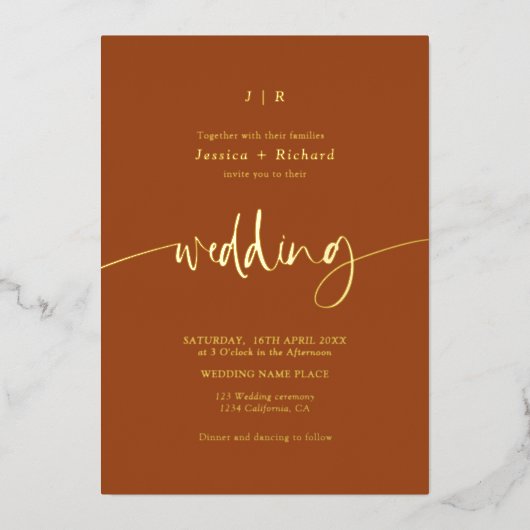 Elegantes Schreibpinsel Terracotta Hochzeitgold Folieneinladung (Vorderseite)