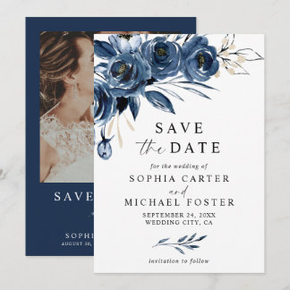 Elegantes Schrift Navy Blau Blumen Hochzeitsfoto Save The Date