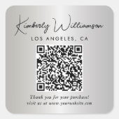 Elegantes Schrift QR-Code Silber Danke Quadratischer Aufkleber (Vorderseite)