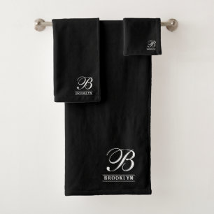 Elegantes Schrift-Serif-Monogramm Schwarz Badhandtuch Set